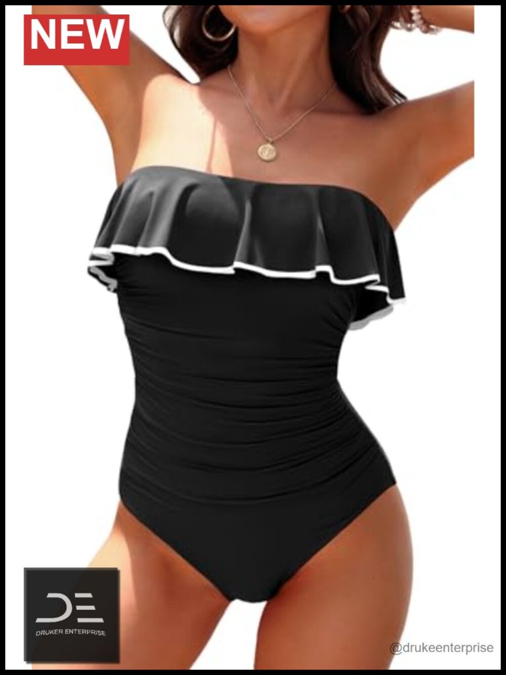 Strapless One Piece Swimsuit Tummy Control Bandeau Ruffle Slimming Bathing Suit - Picture 3 of 6
